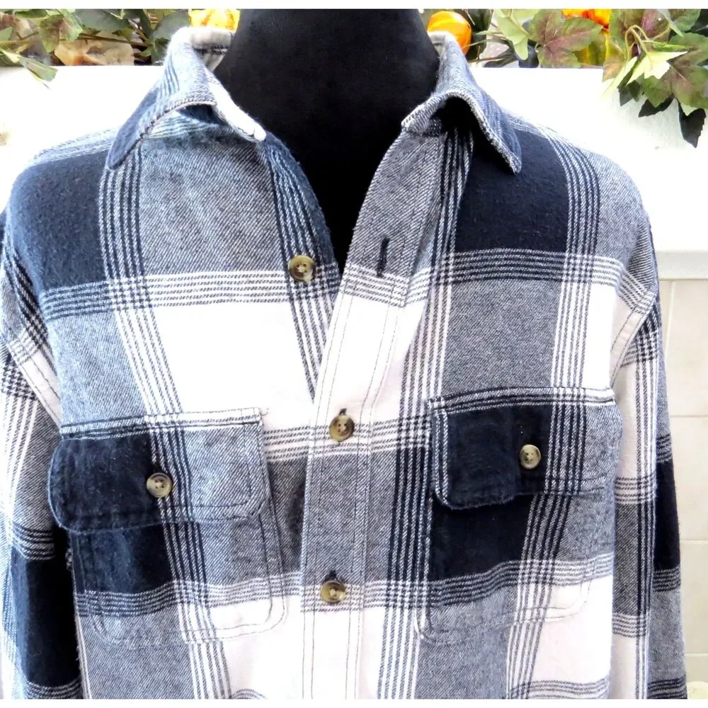 Old Navy Men's Black Buffalo Plaid 100% Cotton Flannel Shirt Medium - Picture 2 of 9